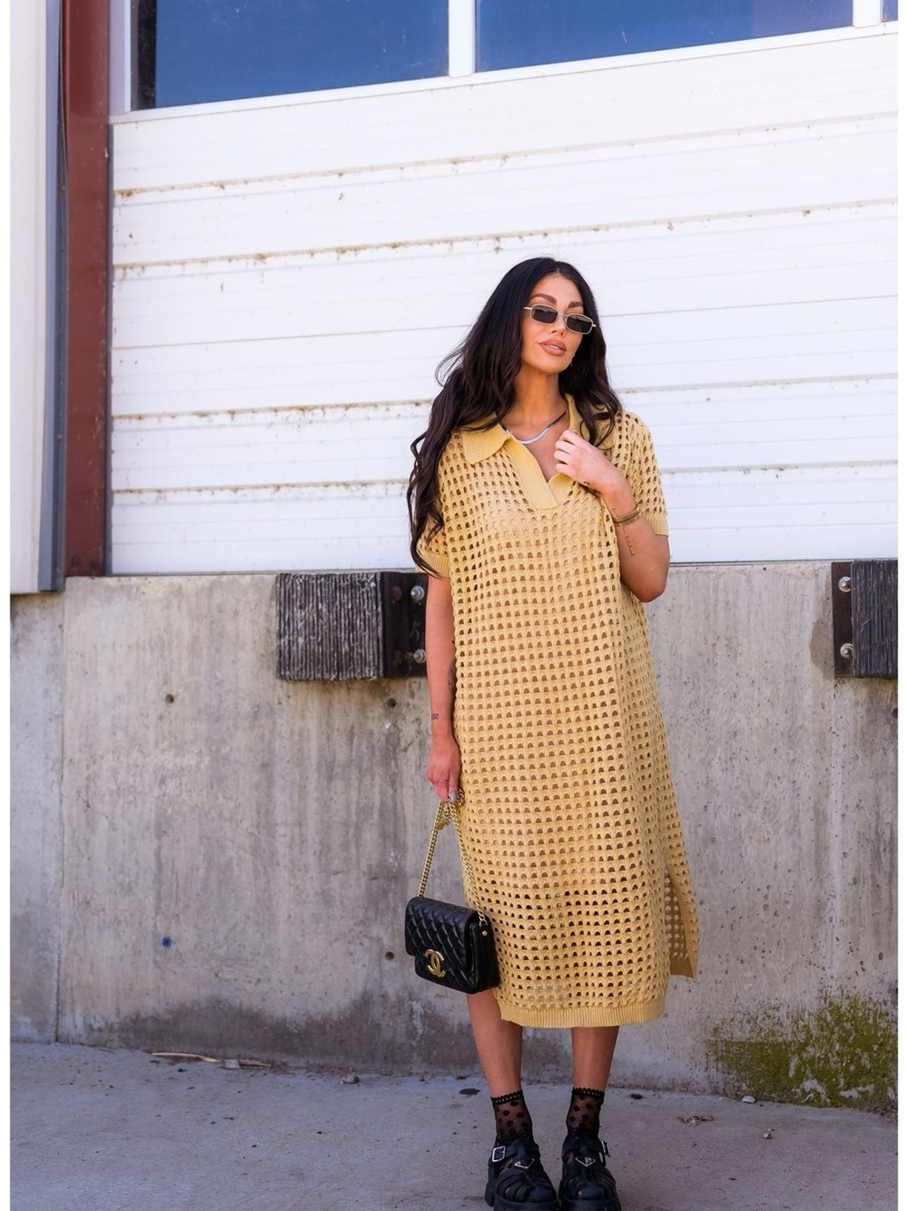 Relaxed Yellow Knit Polo Midi Dress